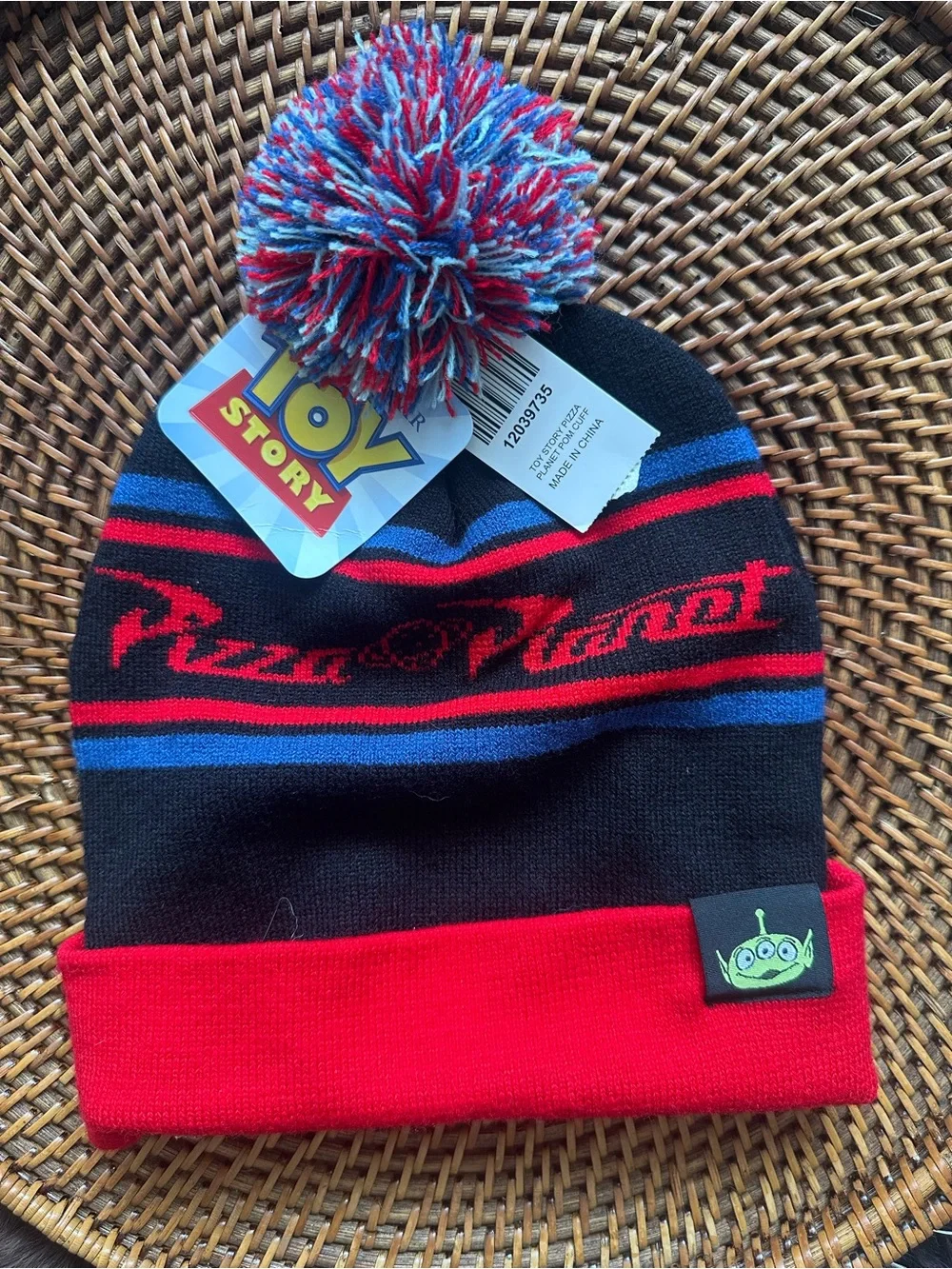 Disney Toy Story Pizza Planet Pom Beanie Black & Red Hat New with Tags